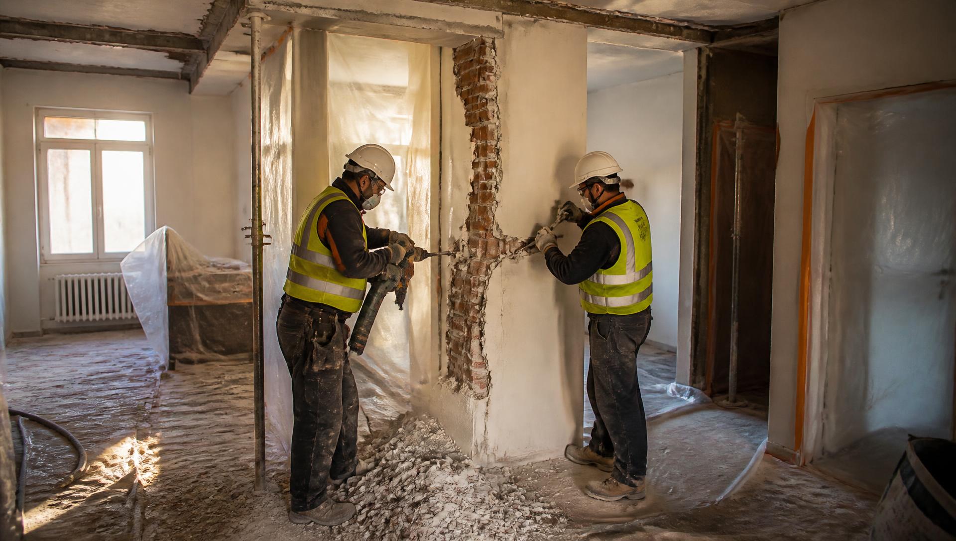 Zwei VANMAN-Mitarbeiter entfernen mit Abbruchhammer eine Innenwand in einer Frankfurter Wohnung, Boden und Türen sind mit Folie geschützt